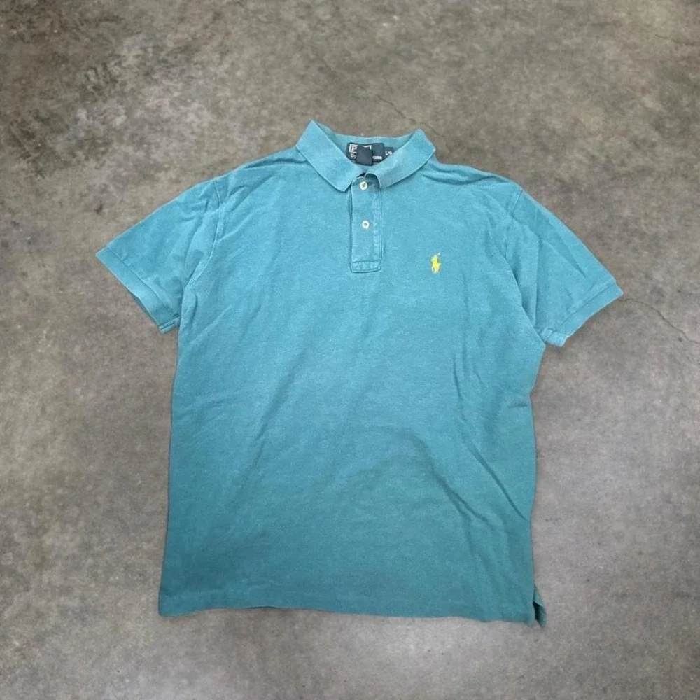 Polo‎ Ralph Lauren Mens L Teal Polo Shirt Yellow Pony Logo Vintage Y2K Preppy